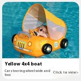 Pink inflatable swimming ring for kids with a mini steering wheel and cartoon sports car boats design.