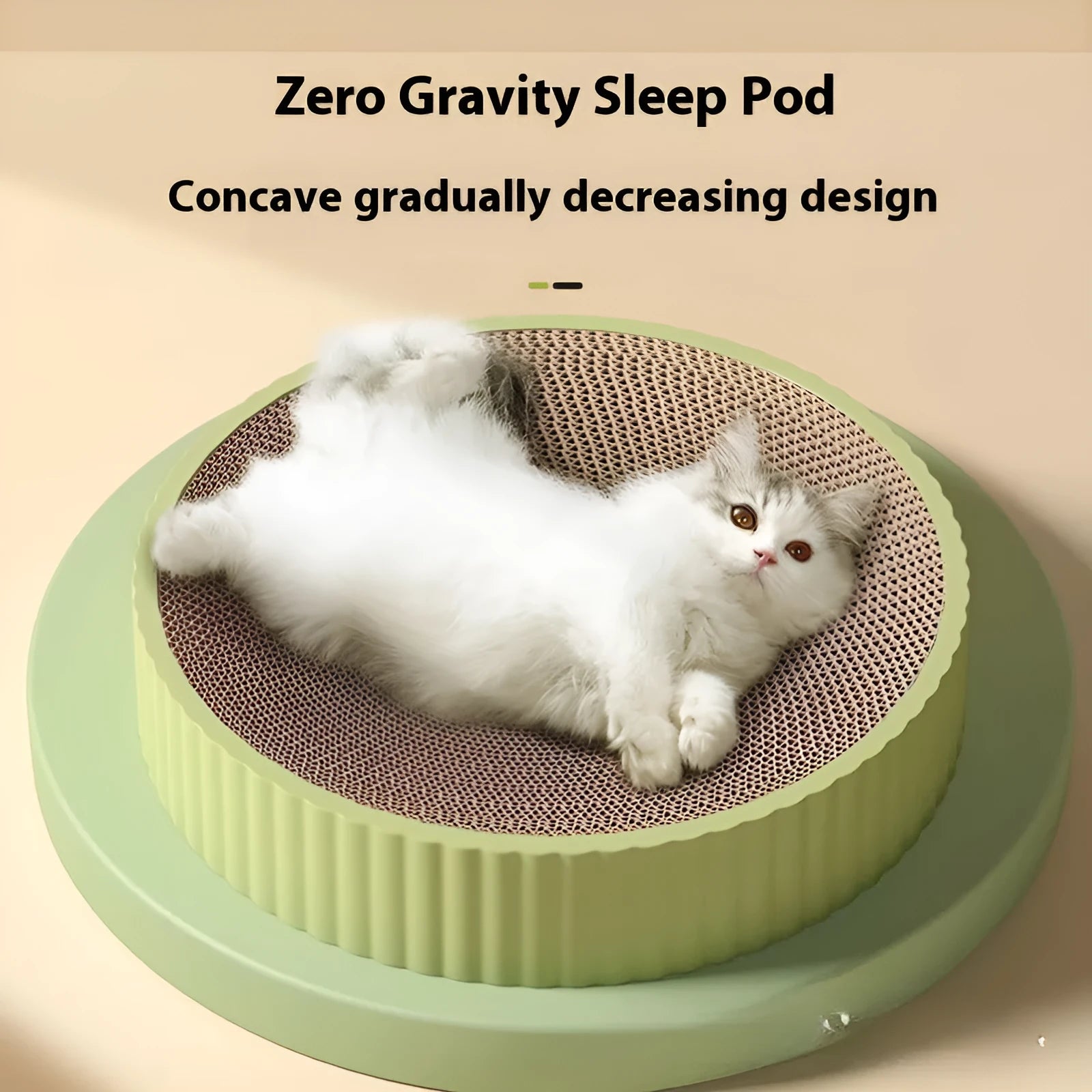 Green round cat scratching board with corrugated paper centre and two white replacement pads.