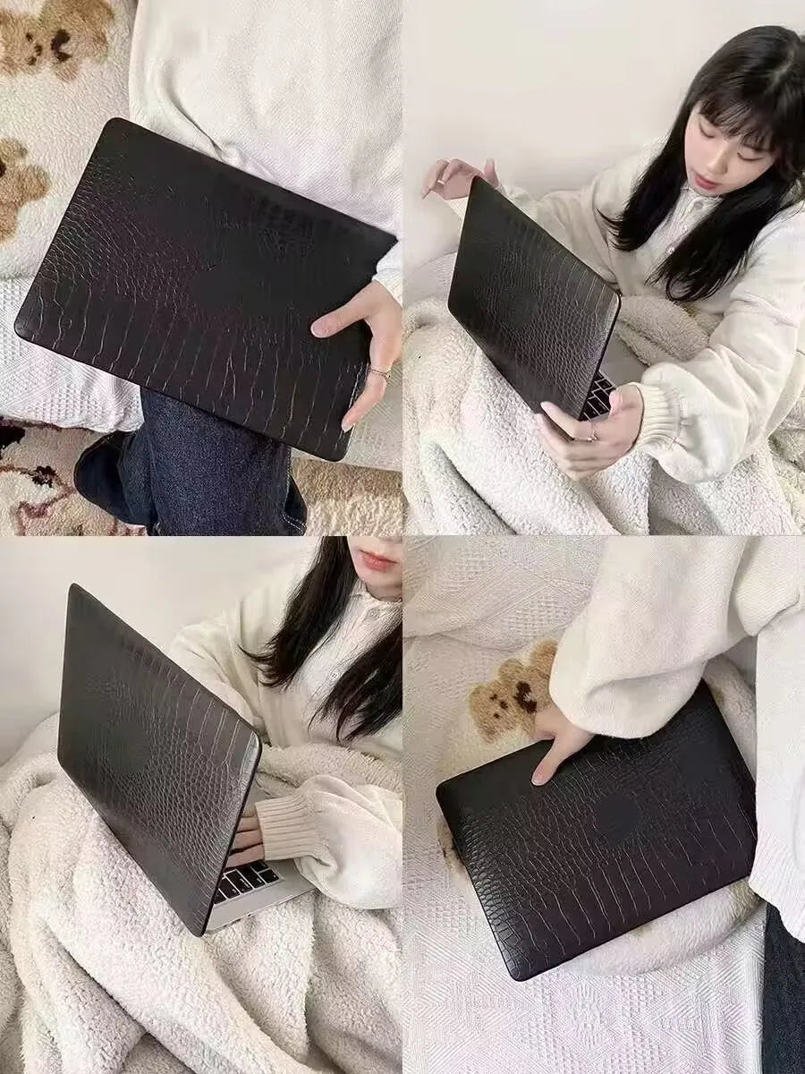 MacBook protective case with crocodile pattern texture and hollowed-out Apple logo in black, white, or soft pink