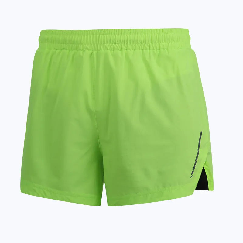 Grey straight-leg men's running shorts made from quick-dry polyester fabric on a white background.