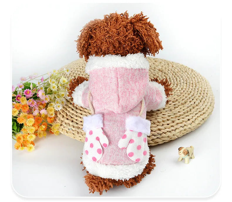 Dog Christmas sweater in pink knitted fabric, available in sizes XS to XL with size chart