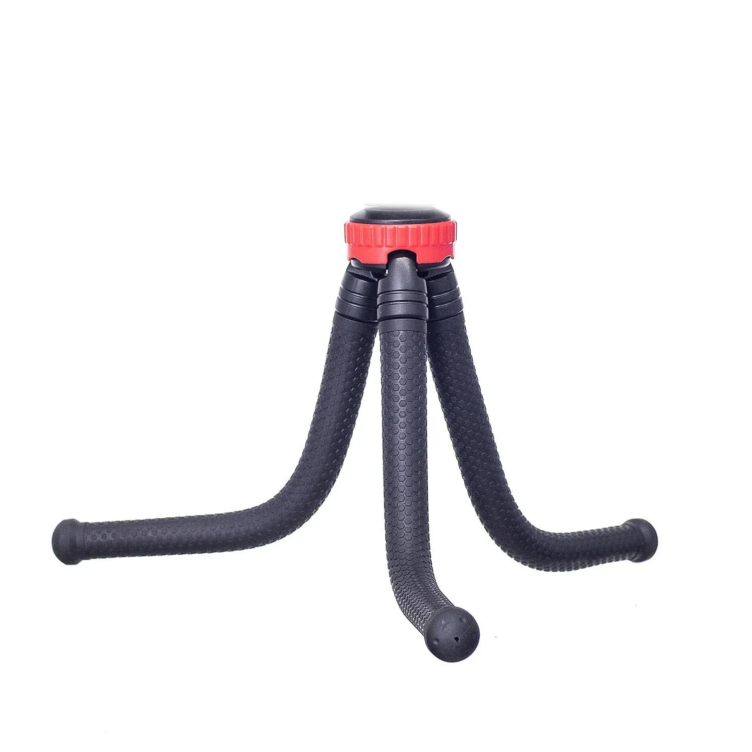 Black octopus tripod with flexible rubber legs wrapped around a pole, holding a mobile phone.