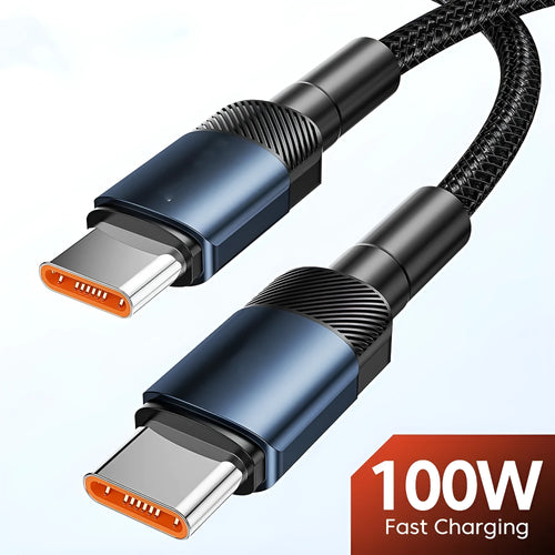 Black woven USB cable with aluminium alloy connectors shown at 100W fast charge length options