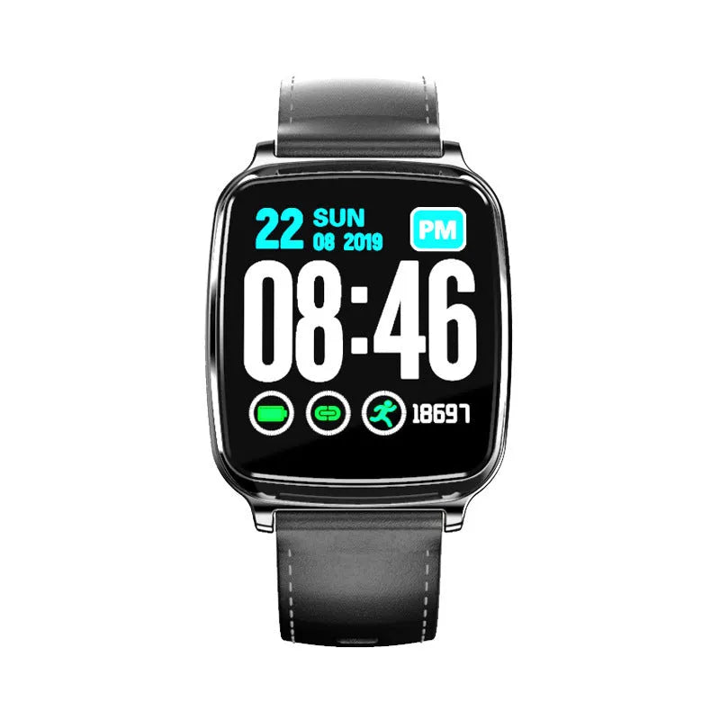 M8 smart fitness bracelet in black on a wrist, showing heart rate data on its full-touch screen.