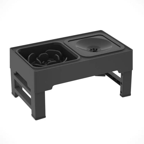 Adjustable height black dog feeding stand with two stainless steel bowls on non-slip base