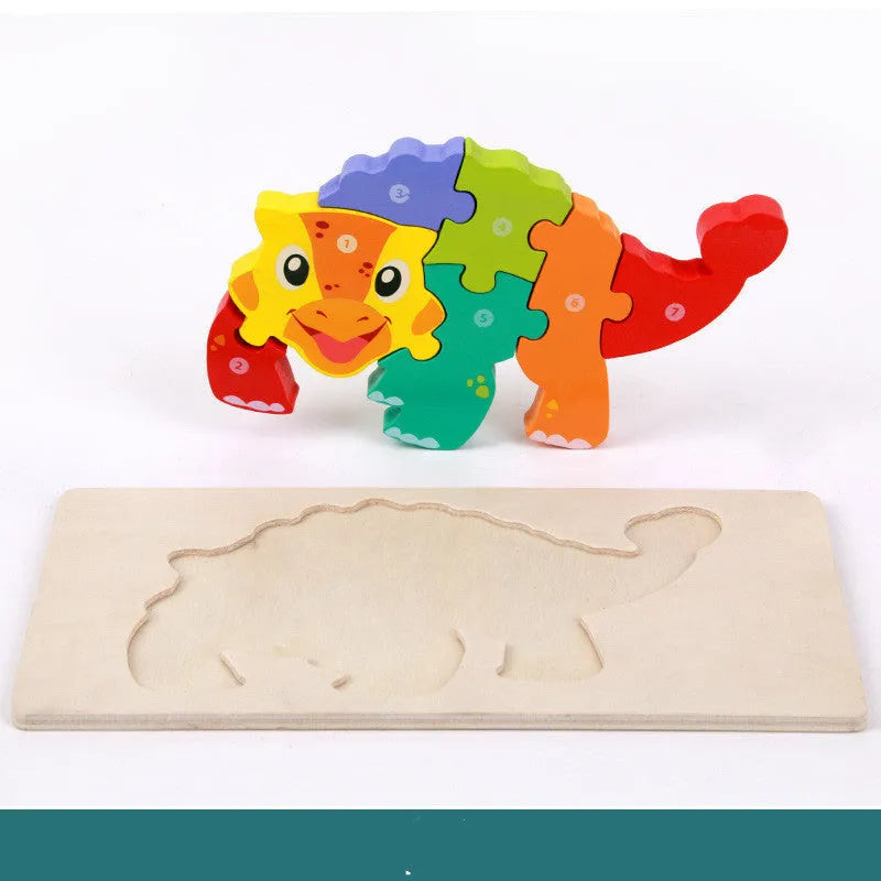 Wooden building blocks for children's 3D dinosaur puzzles including T-Rex and Triceratops