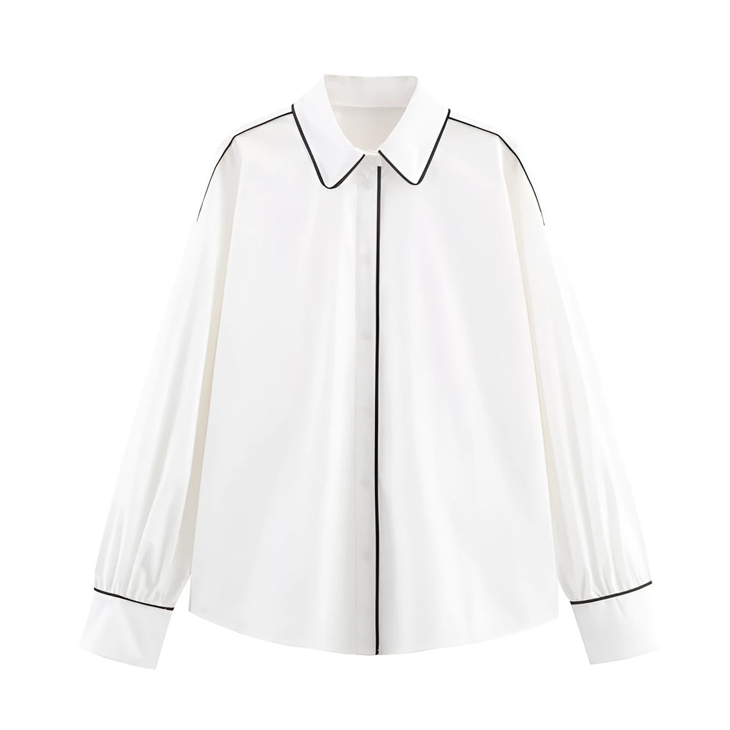 White loose fit poplin shirt with plant and flower print, contrast trim, long sleeves, pullover style
