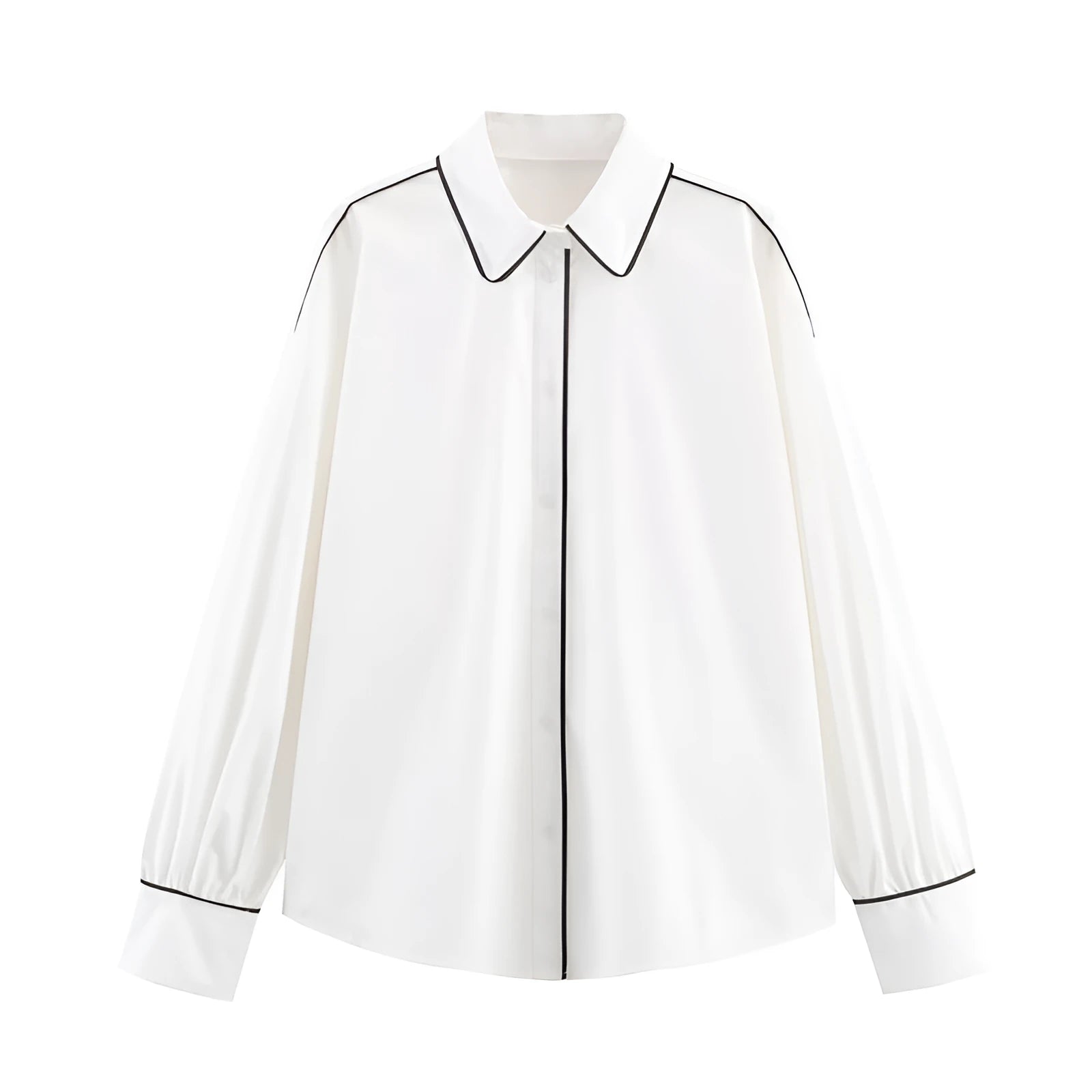 White loose fit poplin shirt with plant and flower print, contrast trim, long sleeves, pullover style