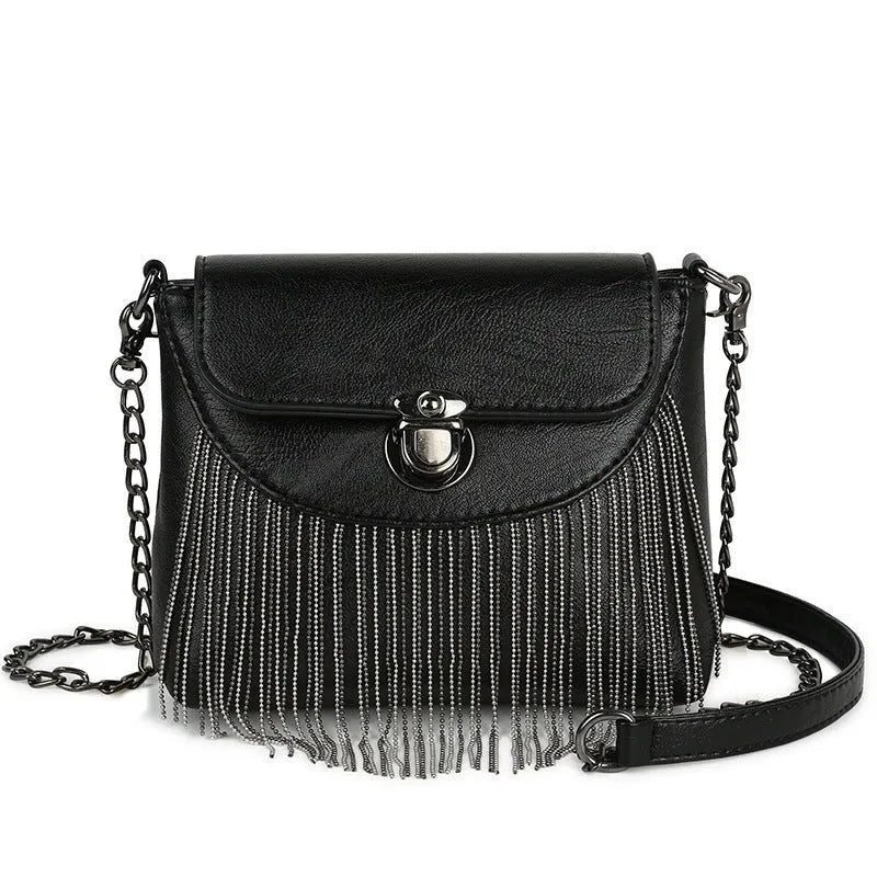 Women's PU handbag with rivet and tassel detailing, chain strap, medium-soft body, cotton lining, 18x13x6 cm