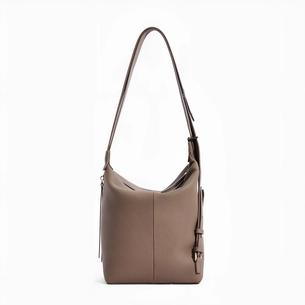 Genuine cowhide leather women's bucket bag in elephant grey colour with large capacity design