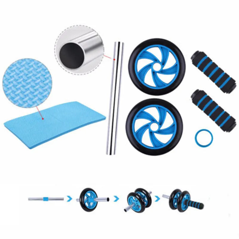Dark blue double-wheel abdominal roller with sponge grips, push-up support and palm guard, 16.5cm and 14.5cm roller diameters