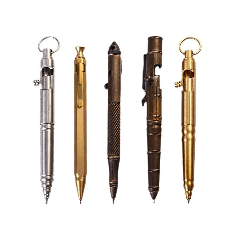 Brass tactical pen with six-ring press mechanism and cylindrical design in metallic finish
