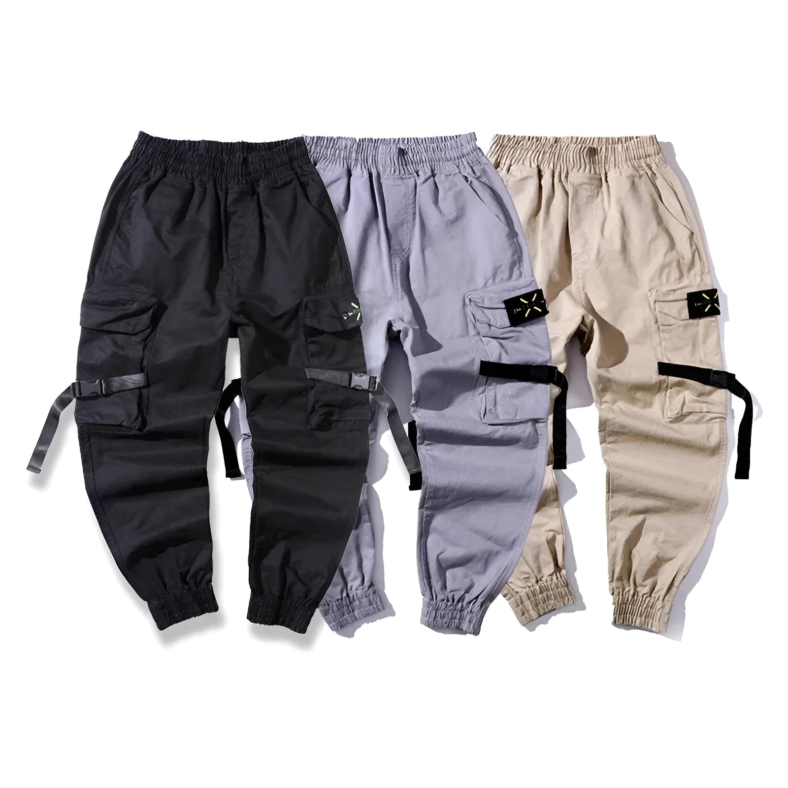 Men's cotton cargo pants in Khaki with multiple pockets, side view
