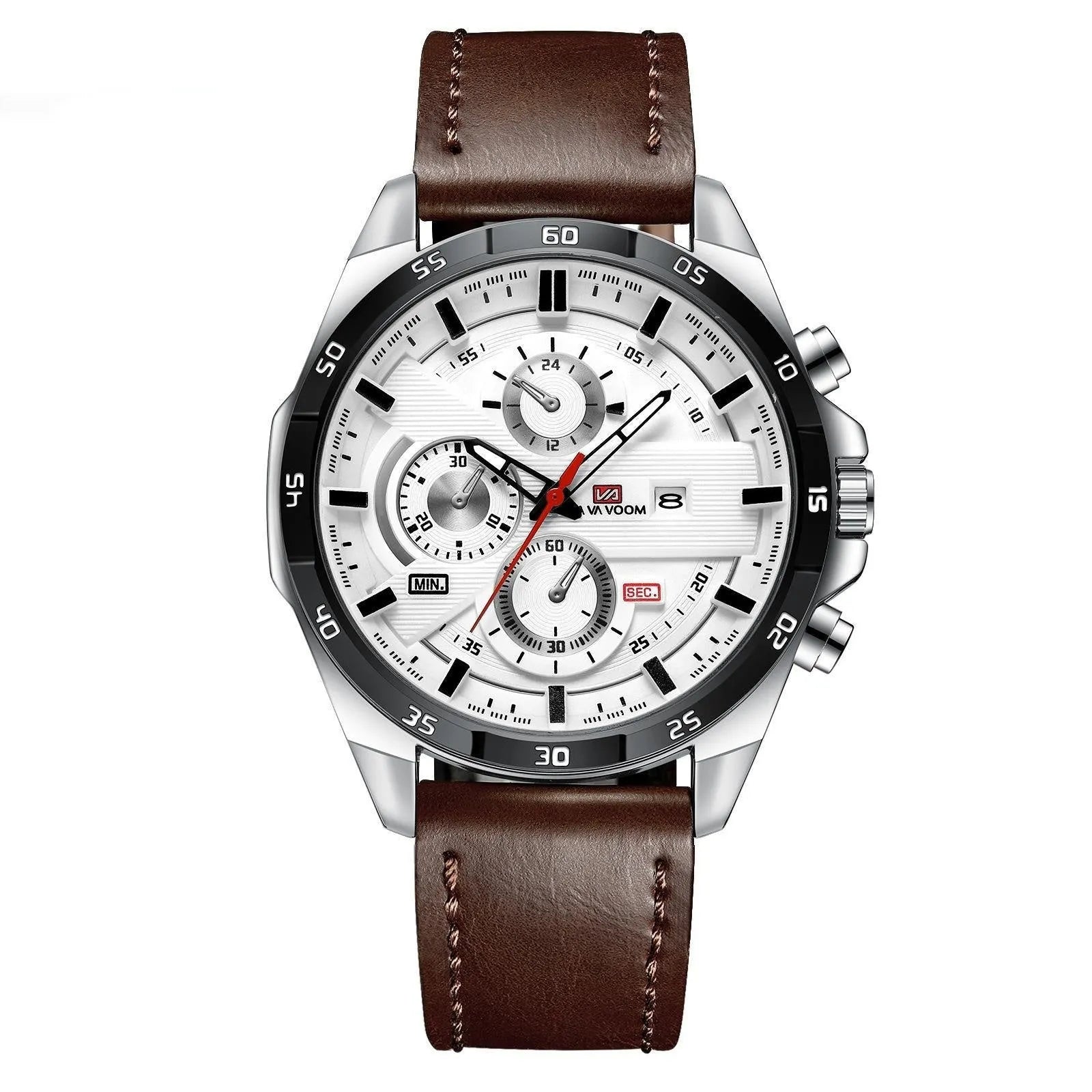 Men's casual watch with brown leather strap, white dial, rose gold case, and day-date window.