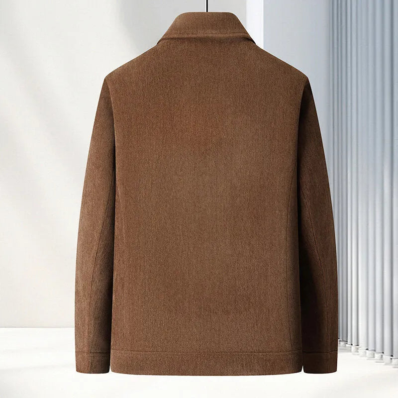 Men's slim fit lapel casual coat in dark blue, showcasing the shirt-style collar and front button closure.