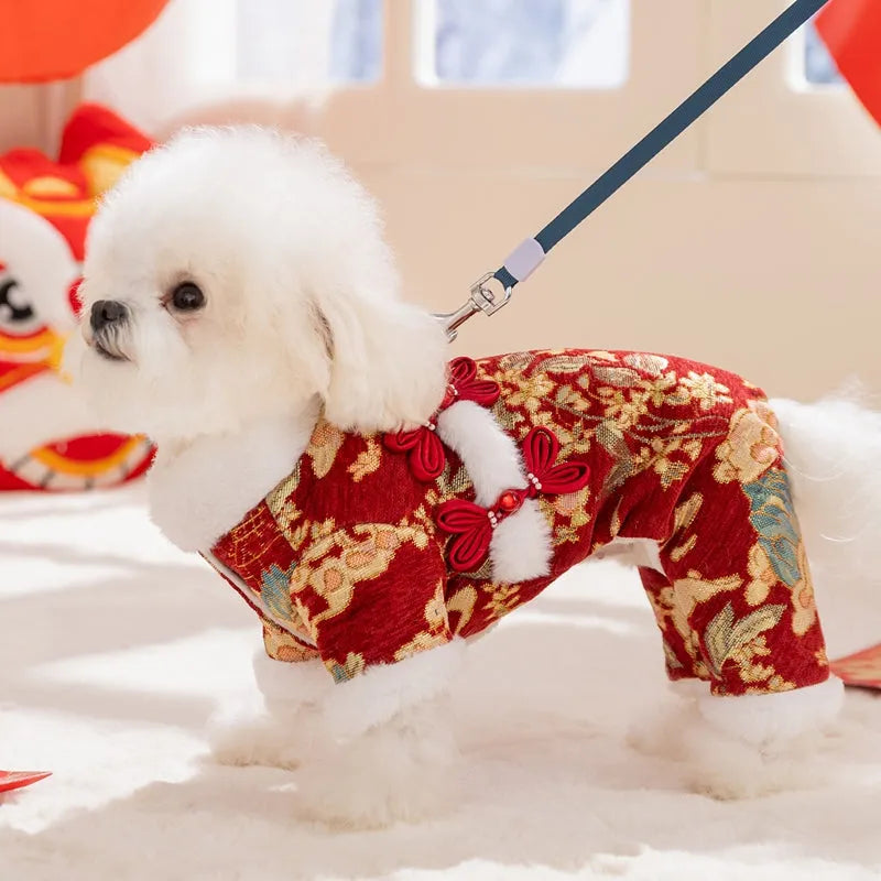 Red brocade pet jumpsuit with faux fur trim and Chinese knot buttons for Lunar New Year