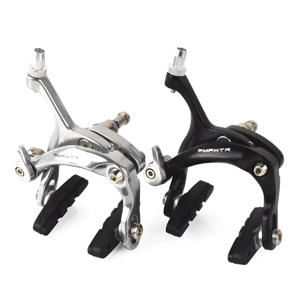 Pair of dual-axis bicycle brake clamps in metal with adjustable centre distance