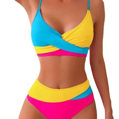 Colour contrast two-piece bikini set with top and briefs, available in yellow, blue, and red, sizes S to XL, polyester lining.
