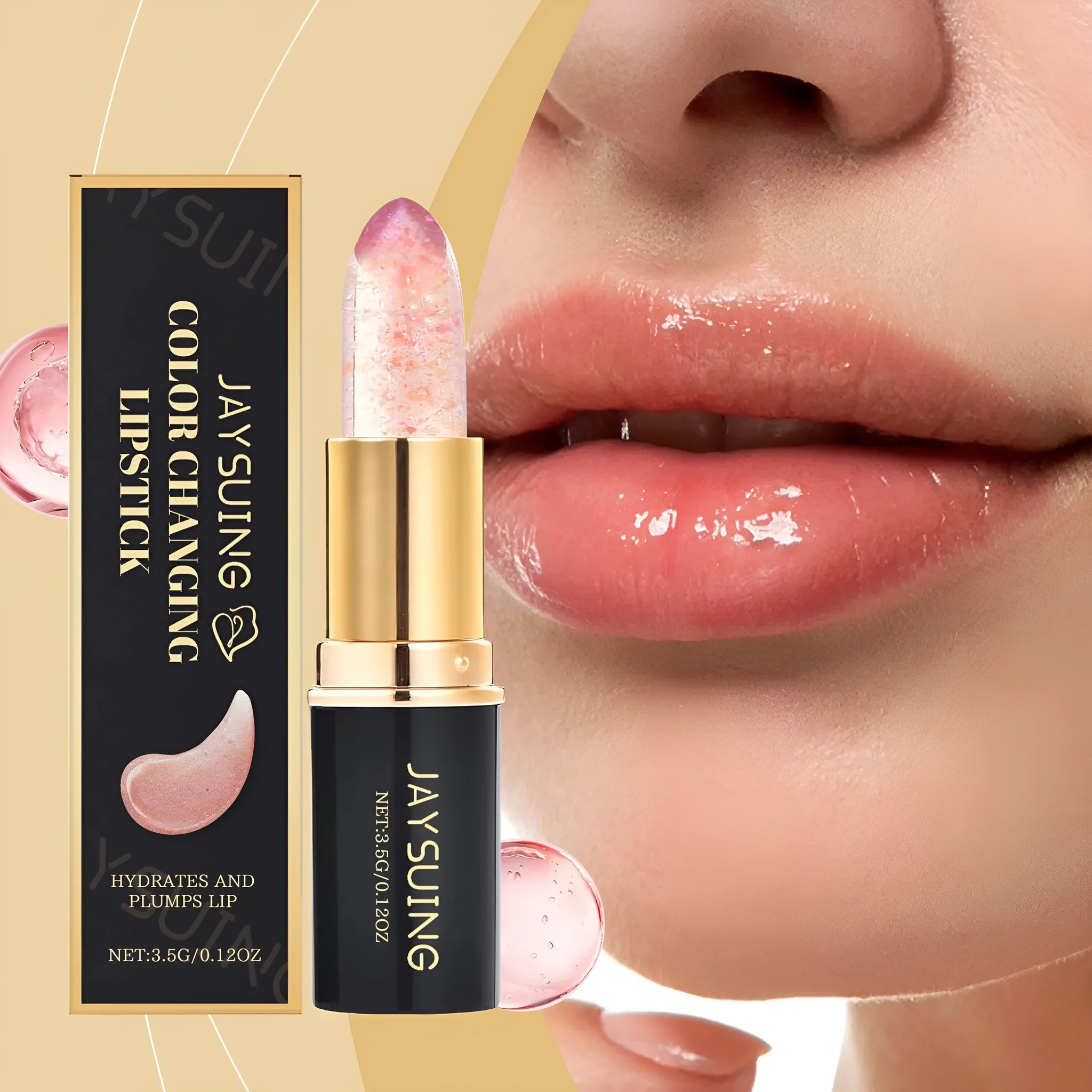 Moisturising colour changing lipstick stick, 3.5g, with hyaluronic acid and jojoba oil.