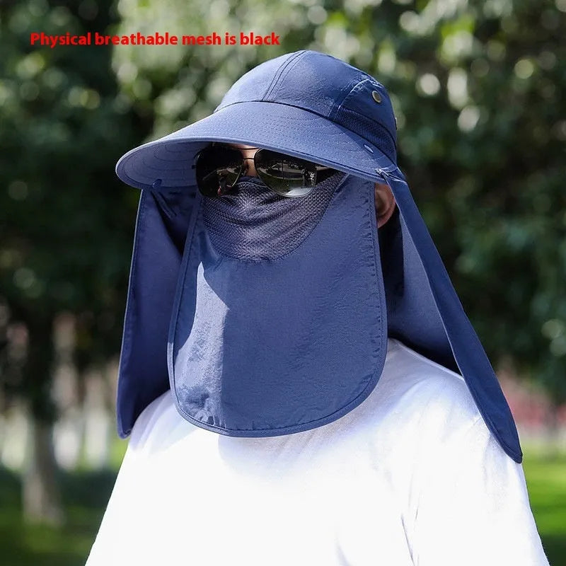 Men's sun protection hat with USB fan and face covering shawl in khaki colour for outdoor activities