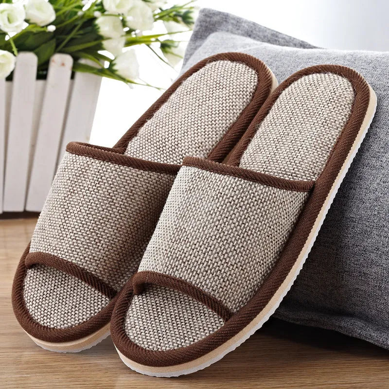 Couples indoor slippers solid colour anti-slip EVA sole open toe cloth cover beige