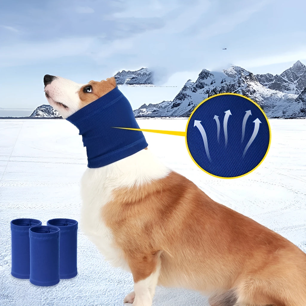 Blue and grey polyester dog comforter headband scarf shown in small, medium, and large sizes.