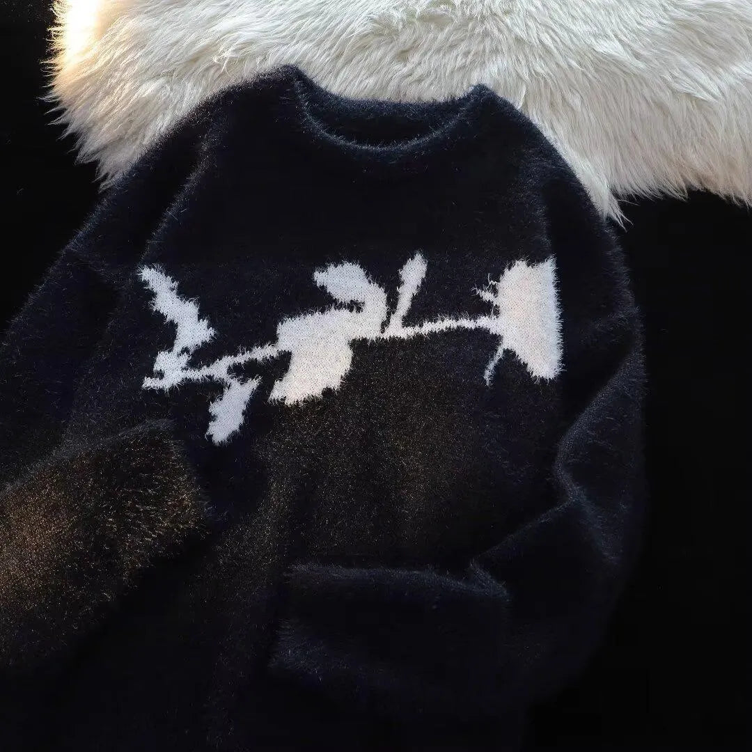 Men's dark grey sweater with a large white flocking horse pattern on the chest.