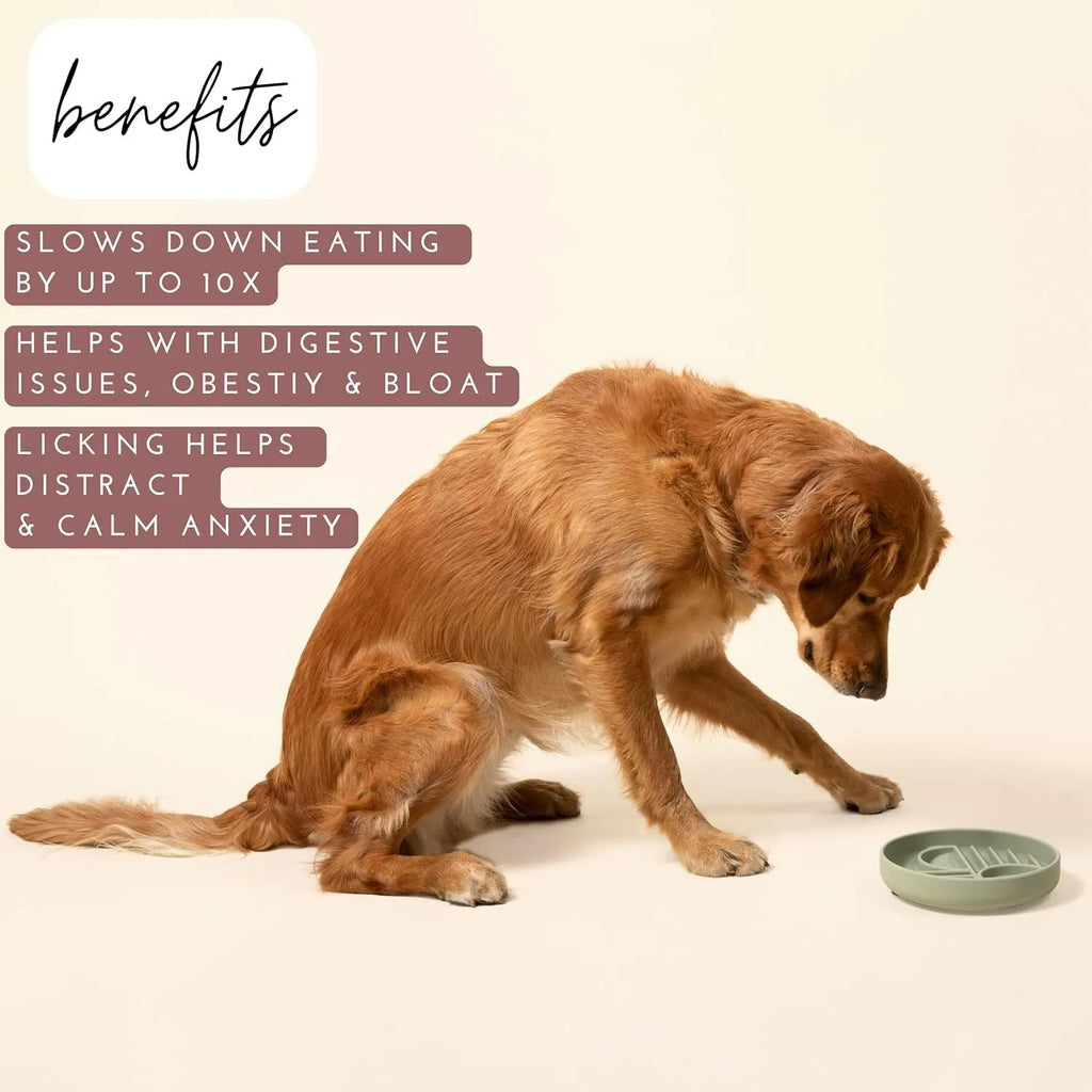 Silicone dog slow feeder bowl with ridges and nooks, shown in beige colour