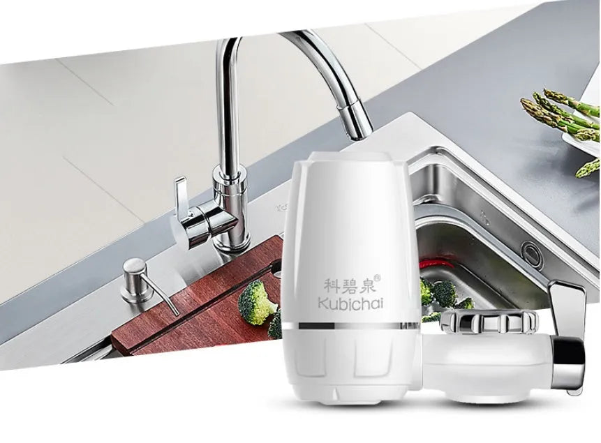 White kitchen faucet water filter with ceramic cartridge and universal thread adapters for tap mounting.