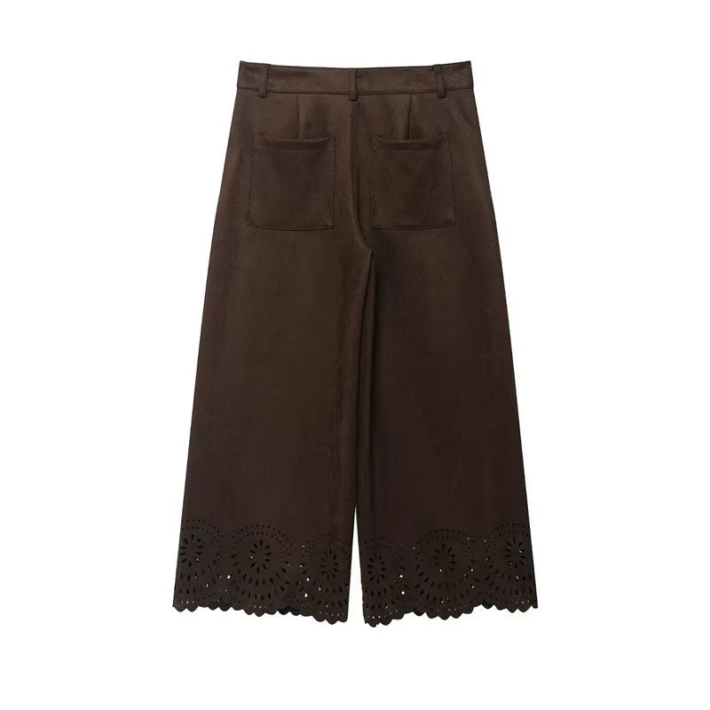 Women's solid colour hollow-out hem top and pants set with long sleeves and button details in size M