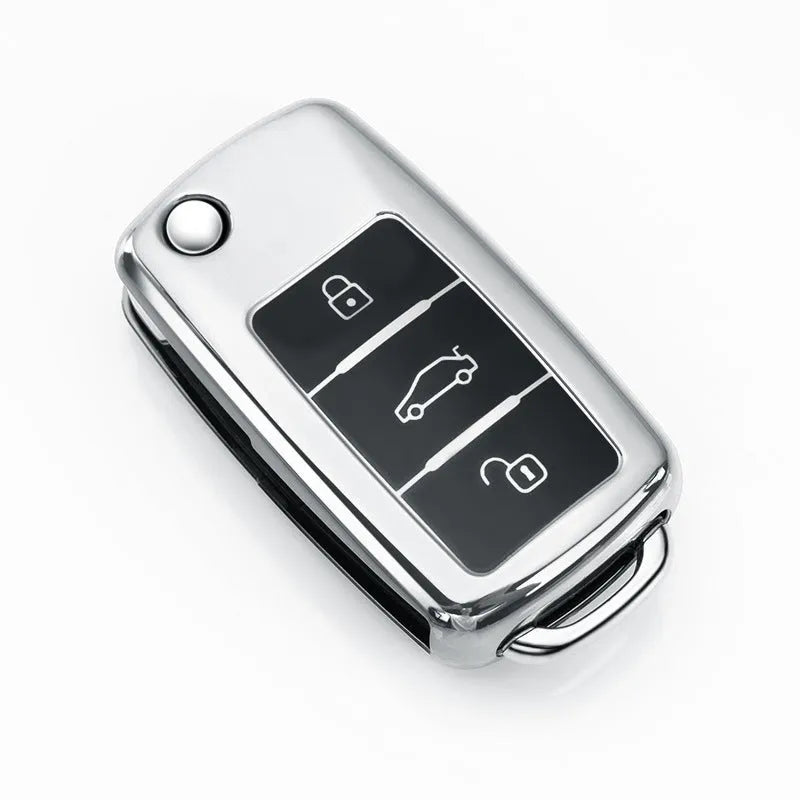 VW Model A car key case in blue, pink, red, and silver colours, showing TPU protective shell for three keys.