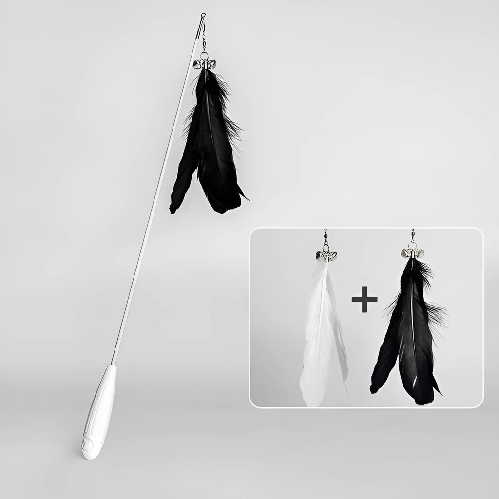 Telescopic cat fishing rod toy extended with goose feather teasers and self-hi bell
