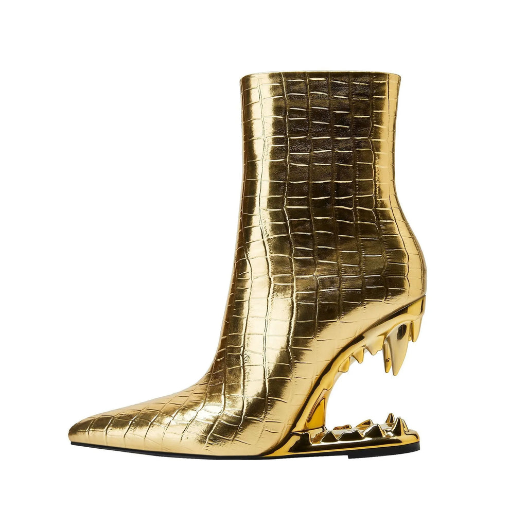 Gold women's pointed tiger tooth heel wedge shoes with side zipper and rubber sole