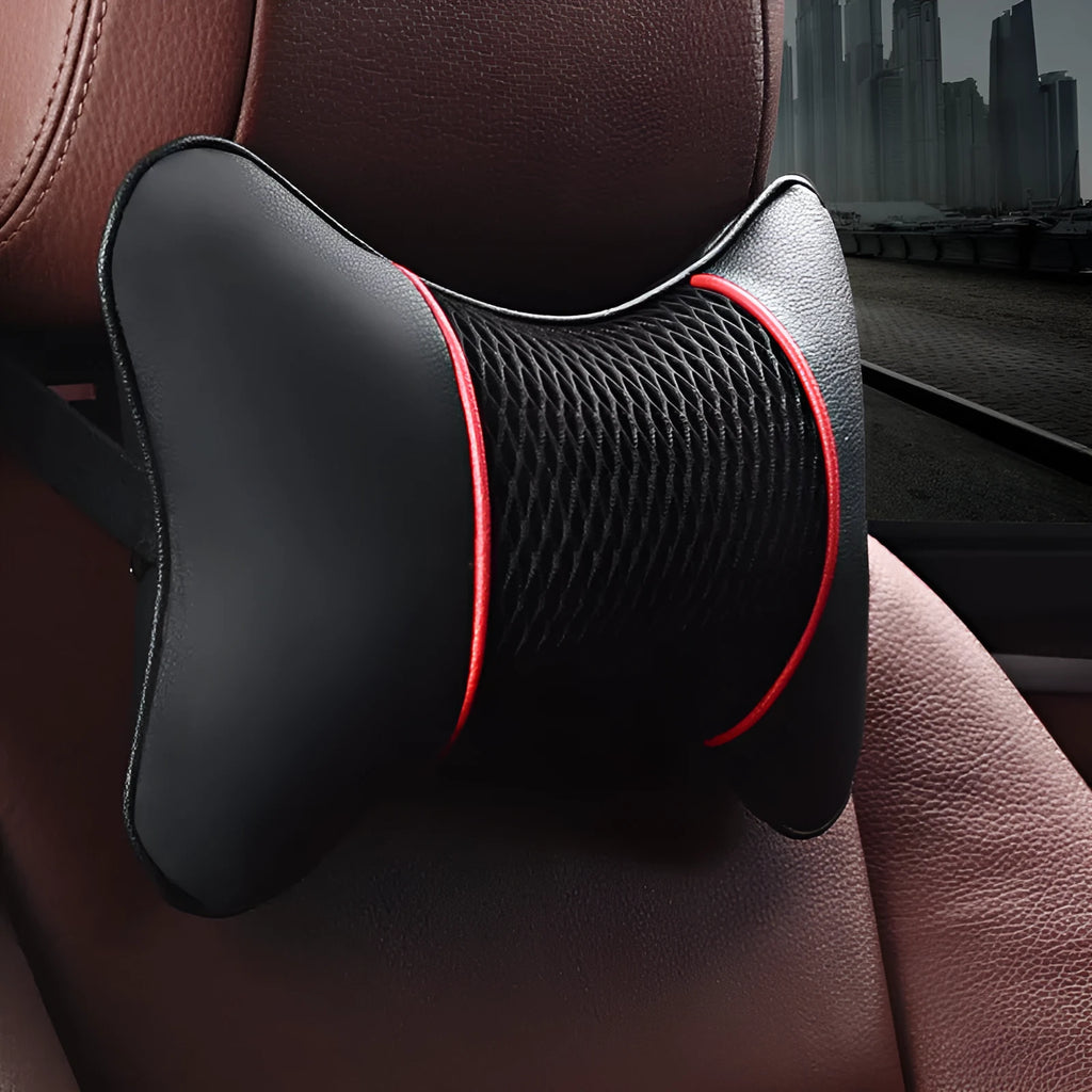 Car headrest neck pillow with green leather exterior available in black and red colour options