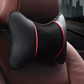 Car headrest neck pillow with green leather exterior available in black and red colour options