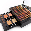 Piano-shaped makeup palette open to show 190 powder pans including eyeshadows, blushes, and face powders