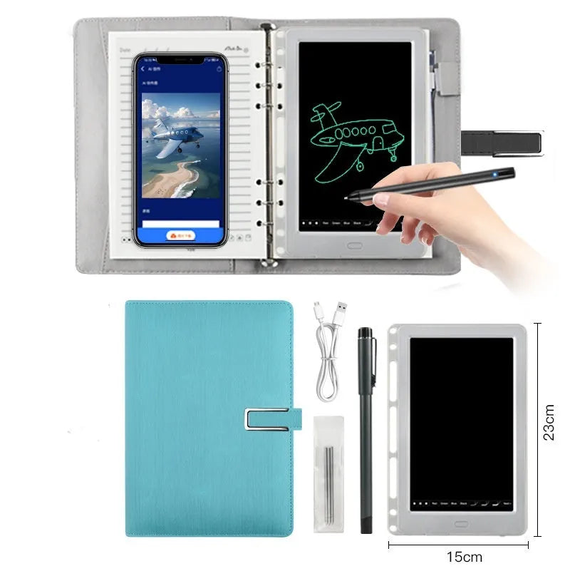 85-inch electronic writing pad with stitching design, smart pen, and USB cable in black, dark blue, or sky blue