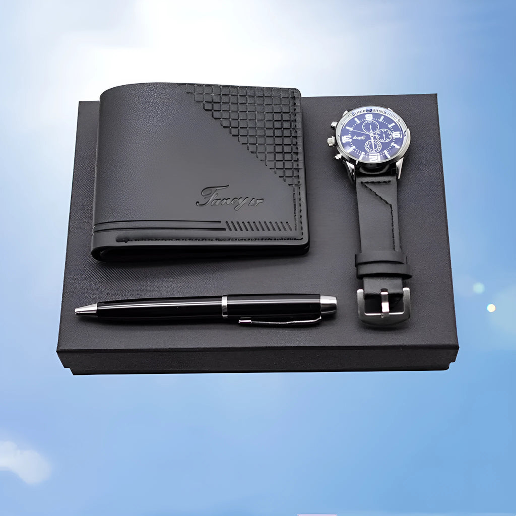 Creative holiday gift set showing a wallet, pen and watch in a modern simplicity gift box with OPP wrap.