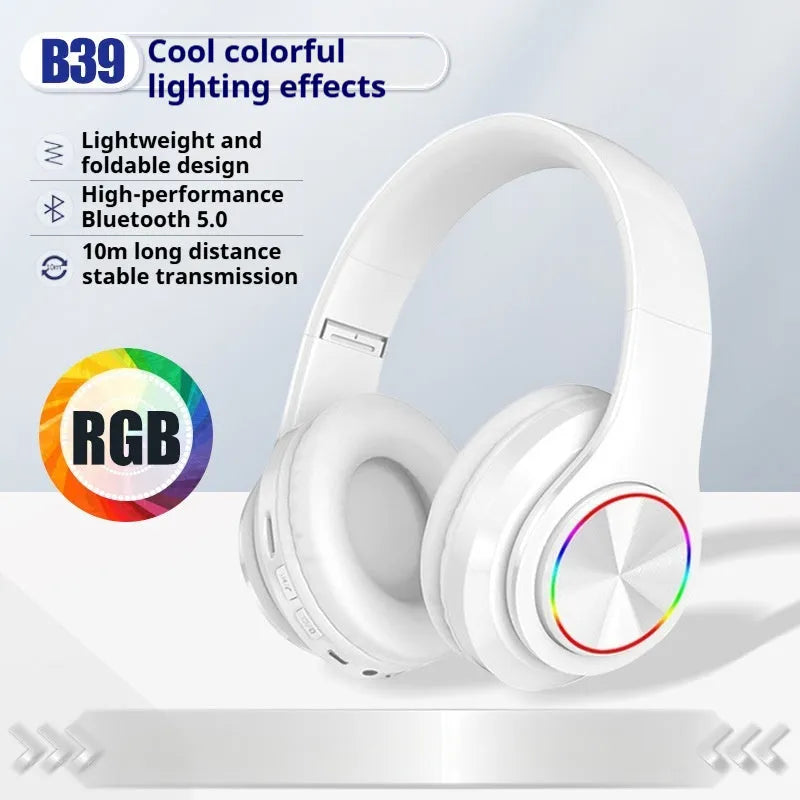 Wireless Bluetooth gaming headset in black with head-mounted design and breathing light effects