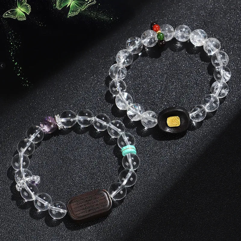 Handmade natural white crystal ebony bracelet with five warp ethnic design for unisex wear