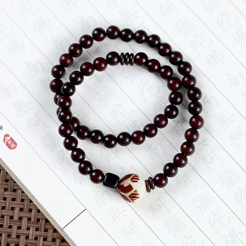 Natural rosewood double-ring bracelet with floral design and knitted construction
