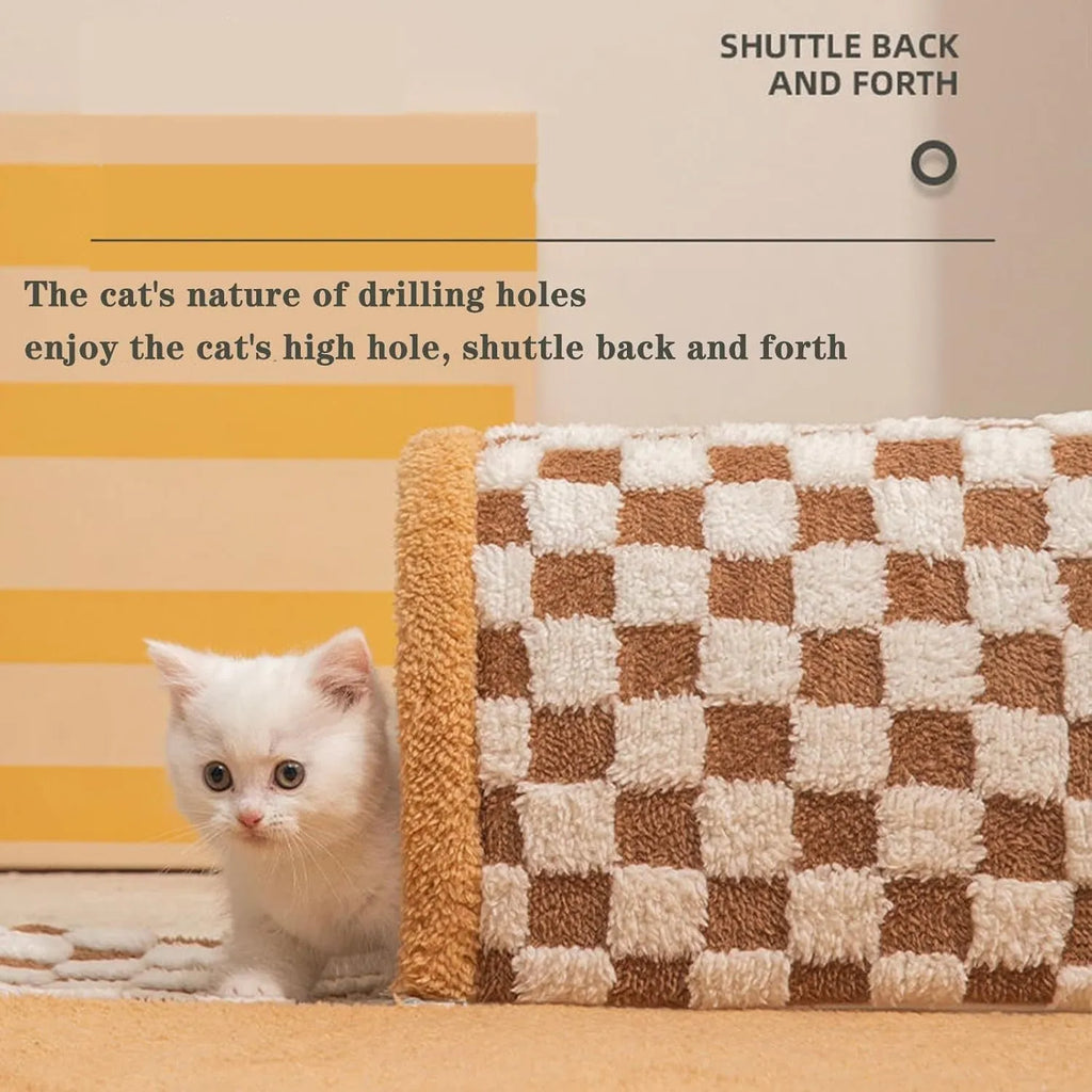 Brown plush plaid cat tunnel bed with central mat and zippered tunnel for indoor cats