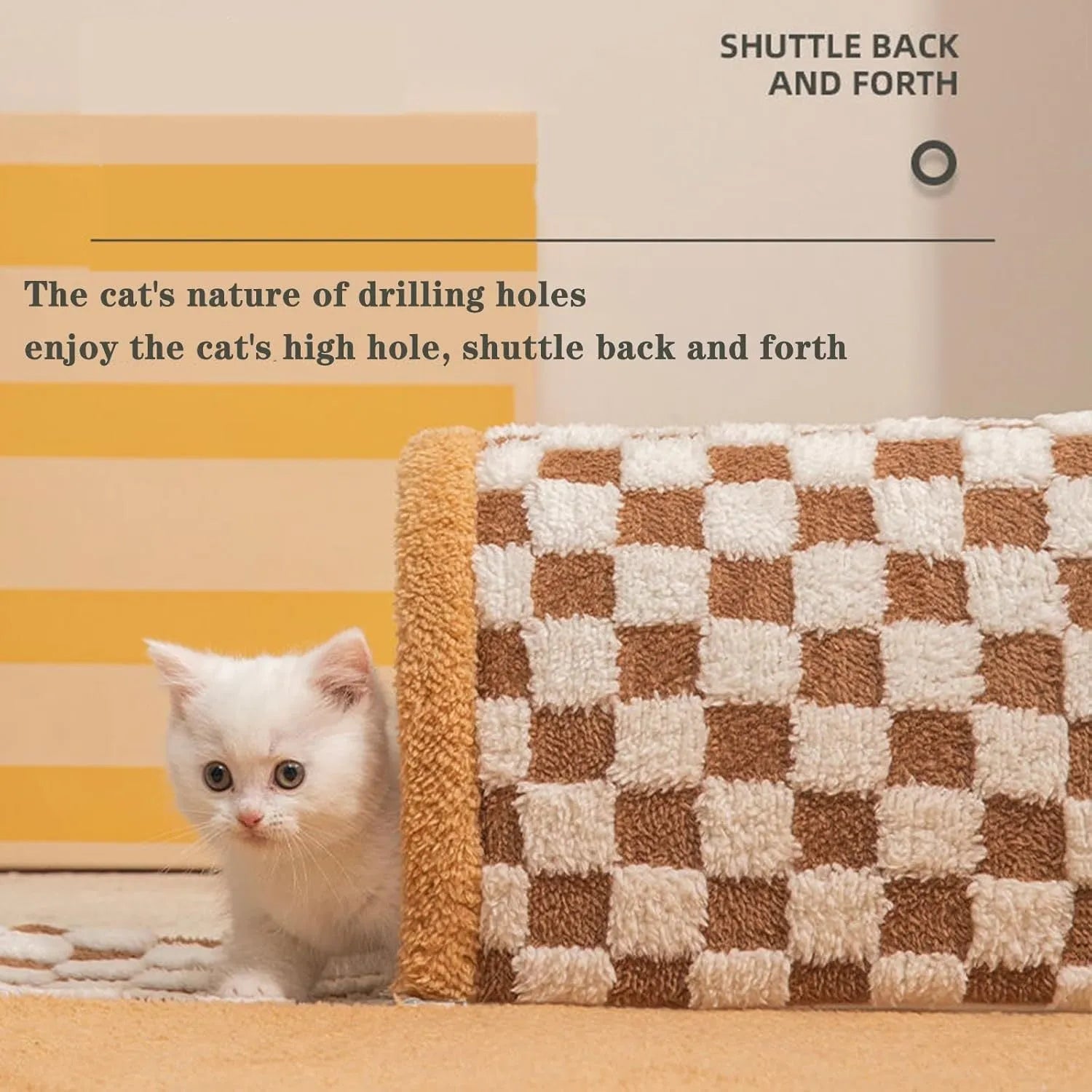 Brown plush plaid cat tunnel bed with central mat and zippered tunnel for indoor cats