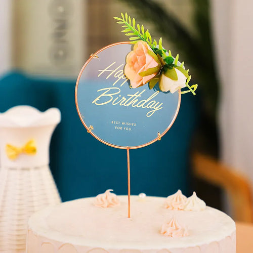 Acrylic happy birthday cake inserting decoration with plastic card and wrought iron stand in butterfly pink style