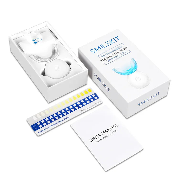 Teeth whitening kit with USB charging lamp, ABS shell, gel pens, and colourimetric card in black