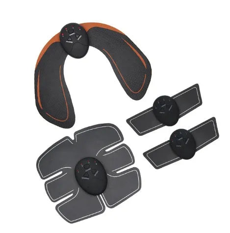 Compact EMS hip muscle training stimulator device with adhesive gel pads for buttocks and abdomen.