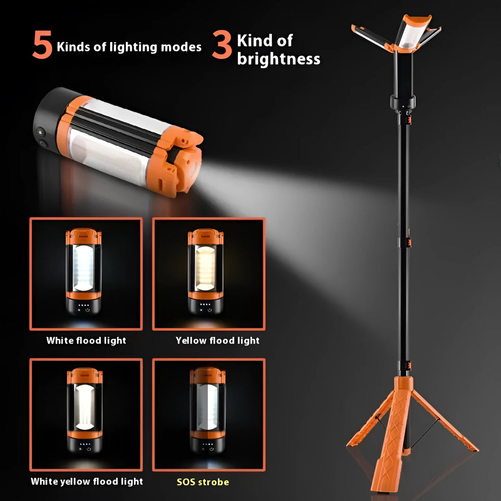 Retractable folding charging camping lantern in black orange with bracket and charging cable