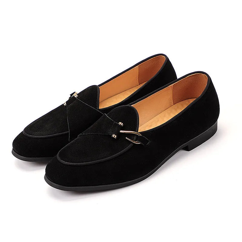 Pair of men's cow split suede leather loafers with low heel and metal detail in beige