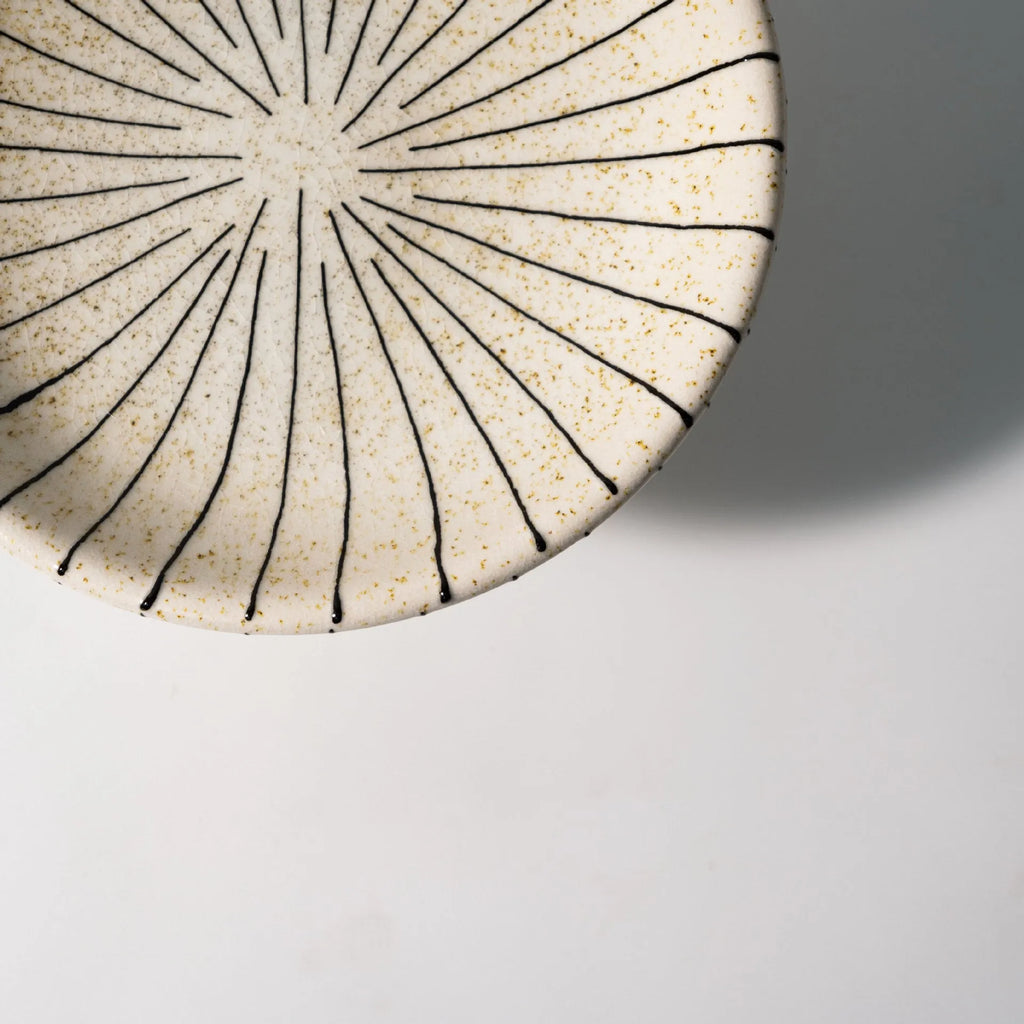 Black and white striped synthetic resin fruit plate on a table