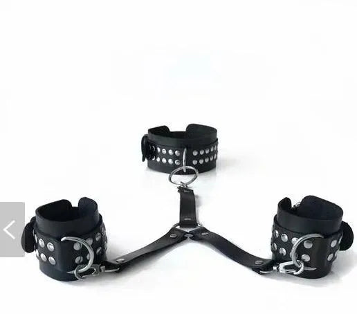 Black leather backhand neckcuffs for adult bondage play with noise function on a plain background